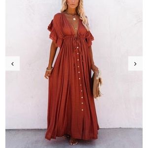 Vici Anika Pocketed Button Down Ruffle Maxi